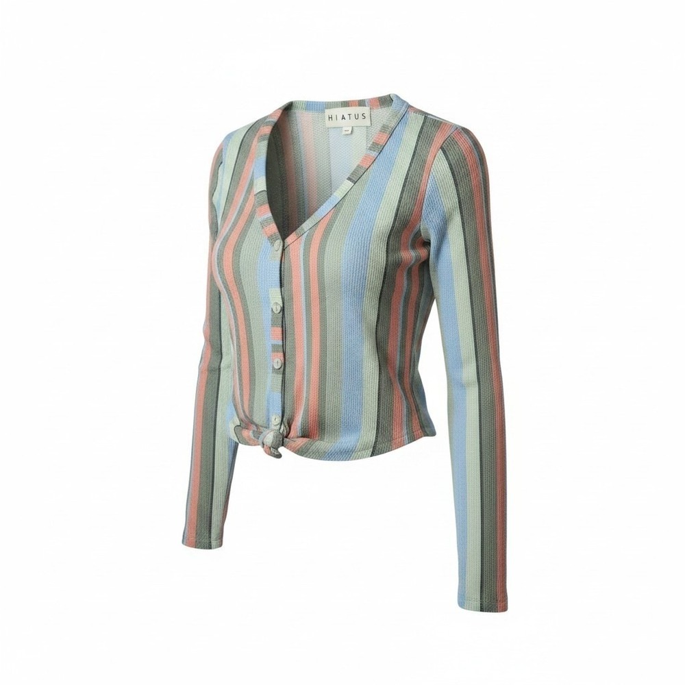 Hiatus Womens Striped Waffle Knit Tie Front Cardigan Blue Coral XS